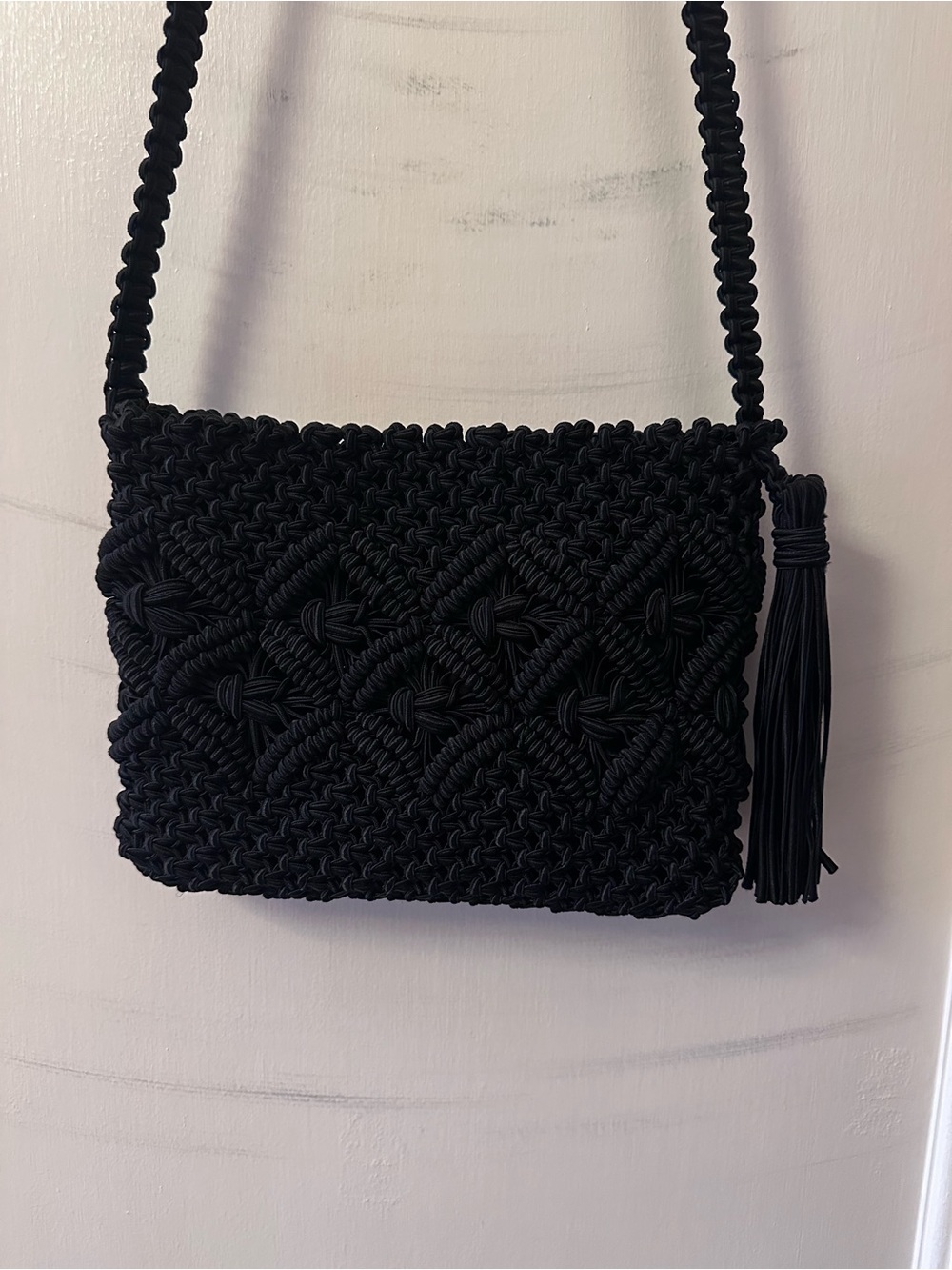 Vintage Black Macramé Crossbody Bag